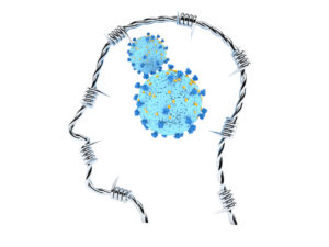 Virus inside barbed wire head isolated on white background. 3d illustration. Represents mental health IOP need